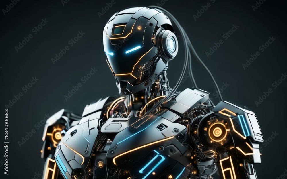 Advanced Humanoid AI Robot with Blue and Orange Lights Advanced Humanoid AI Robot with Blue and Orange Lights