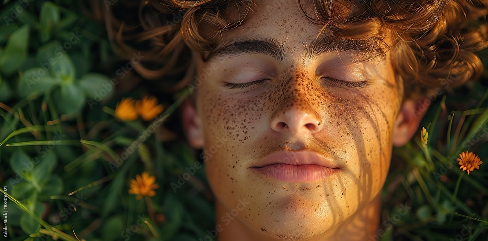 Close-up top view of a serene, relaxed young man lying on grass with his eyes closed, embodying the concept of well-being and lifestyle. Close-up top view of a serene, relaxed young man lying on grass with his eyes closed, embodying the concept of well-being and lifestyle.