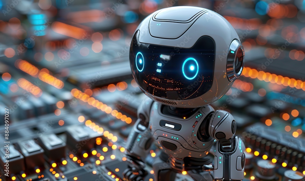 Futuristic robotic microchip processor with isometric 3D robot chatbot, AI in science and business on chip processor. Futuristic robotic microchip processor with isometric 3D robot chatbot, AI in science and business on chip processor.