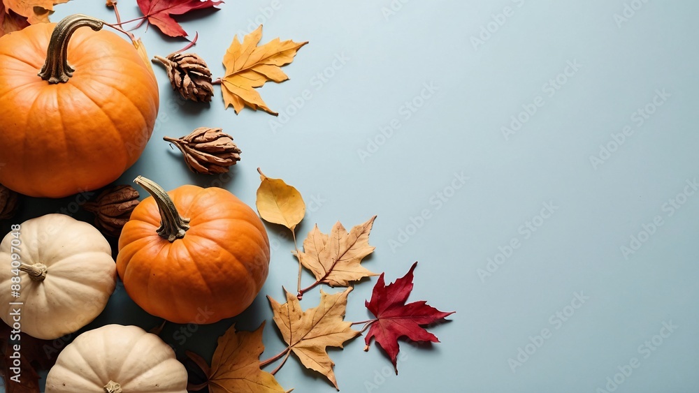 Autumn background with dried leaves, pumpkins, flowers on pastel background. Halloween and Thanksgiving day concept, copy space. Generative AI. Autumn background with dried leaves, pumpkins, flowers on pastel background. Halloween and Thanksgiving day concept, copy space. Generative AI.