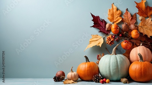 Autumn background with dried leaves, pumpkins, flowers on pastel background. Halloween and Thanksgiving day concept, copy space. Generative AI.