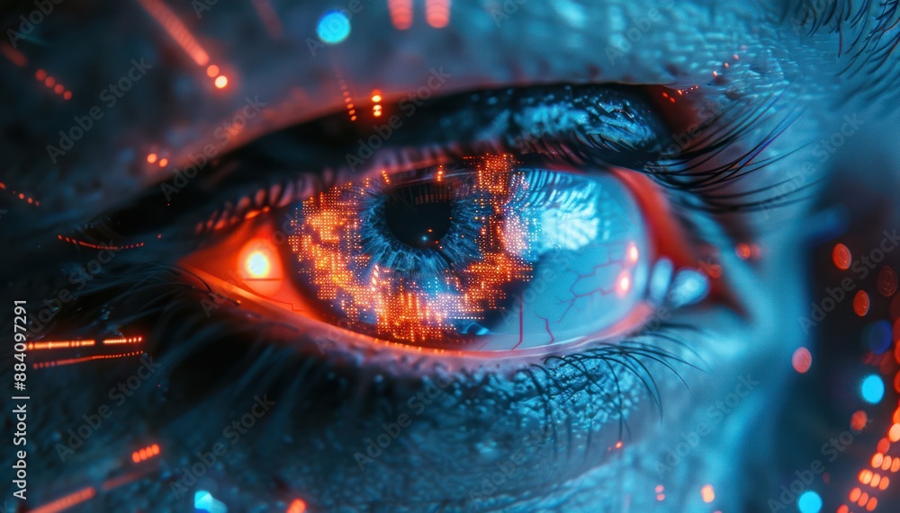 The Optical Biometrics Eye Futuristic Cyberspace Technology Neural Network with Beautiful Colors Scan The Optical Biometrics Eye Futuristic Cyberspace Technology Neural Network with Beautiful Colors Scan