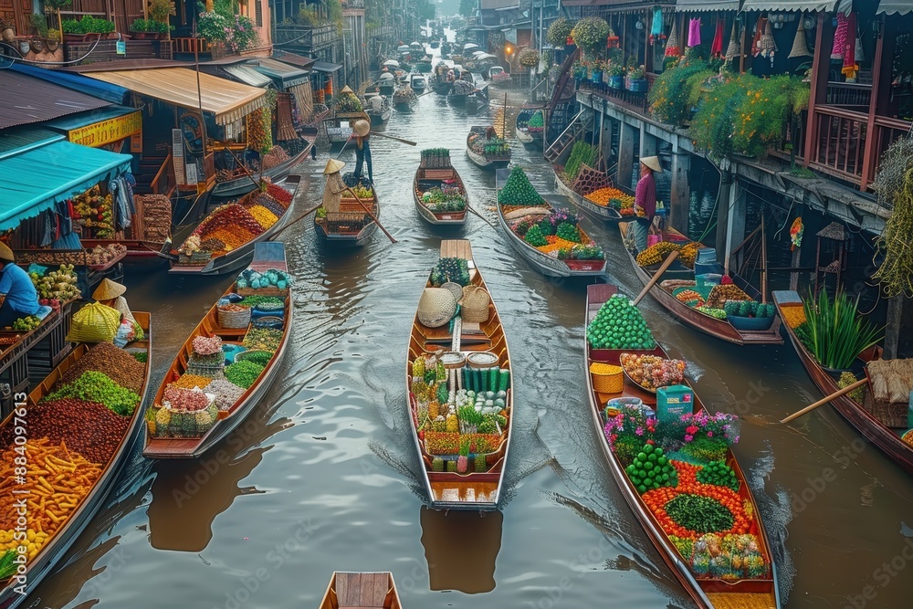 Obraz premium A vibrant Thai floating market with boats filled with fresh produce, spices, and handcrafted goods, and a bustling crowd of locals and tourists.