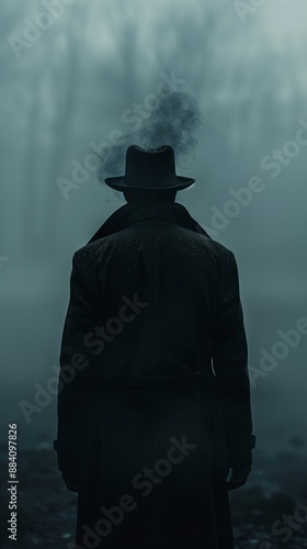 A solitary figure in a trench coat stands amidst the fog, exuding an air of mystery and intrigue.