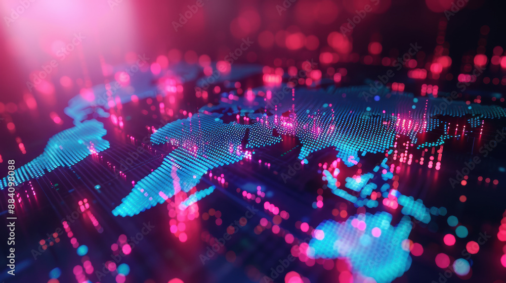 Obraz premium Glowing world map with vibrant neon lights, highlighting global interconnectivity and digital data visualization concepts.