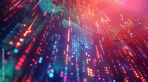 Abstract digital background with colorful neon lights and data streams, representing modern technology, data flow, network connections, and futuristic design.