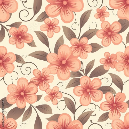 Wallpaper Mural Floral Pattern With Peach Blossoms and Brown Leaves Torontodigital.ca