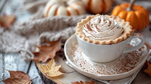 A cozy autumn scene with a frothy cinnamon latte, pumpkins, and leaves.