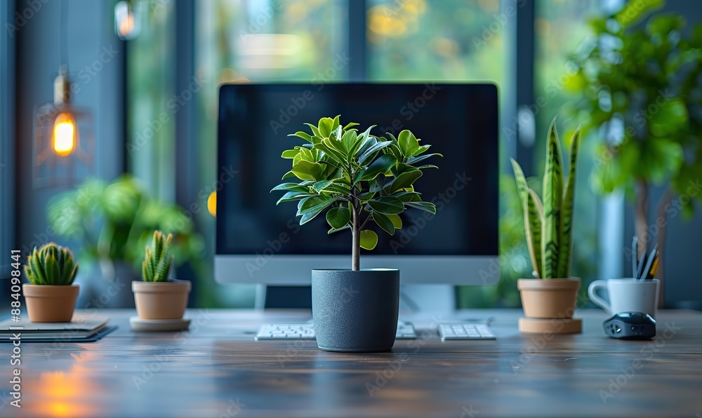 A climate-friendly business boasts a bright office with computer screens adorning desks. A climate-friendly business boasts a bright office with computer screens adorning desks.