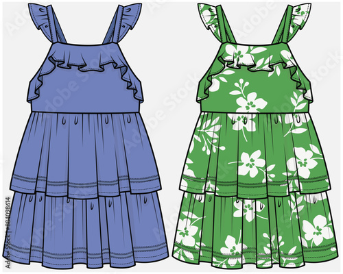 FRILL SLEEVELESS SUN DRESS WITH LACE AND LAYERED DETAIL DESIGNED FOR TEEN AND KID GIRLS IN VECTOR FILE