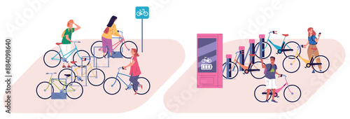 Bicycle parking. People stand at rental bikes storage on street public place, cycle outdoor rack or charge station electric bike safety transport, biking classy vector illustration