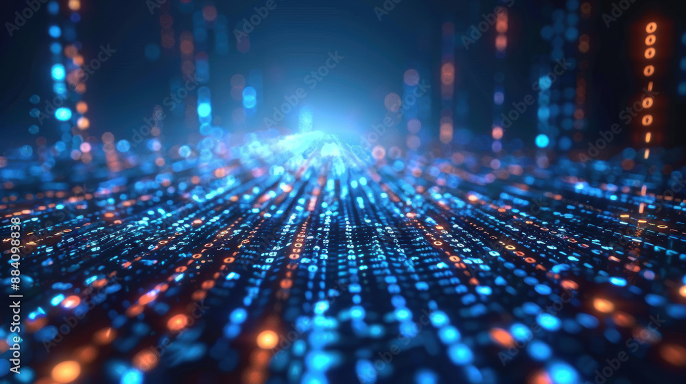 Abstract digital technology background with blue and orange glowing lines and dots forming a futuristic data network in a blurry perspective. Abstract digital technology background with blue and orange glowing lines and dots forming a futuristic data network in a blurry perspective.