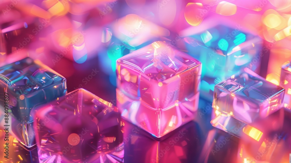 Pink and blue crystal cubes on reflective surface with blurred colorful lights in the background Pink and blue crystal cubes on reflective surface with blurred colorful lights in the background