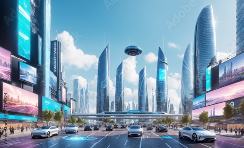 Futuristic Cityscape with Smart Buildings, Autonomous Vehicles, and Digital Billboards photo