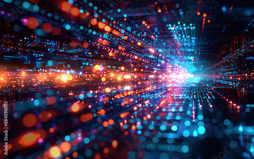 Dynamic and vibrant digital data stream in motion with glowing blue and orange lights, abstract technological background illustrating data transfer.