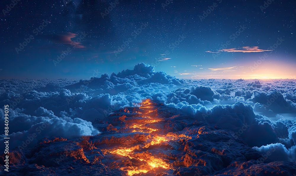 Fototapeta premium The concept of the path to success is symbolized by a glowing path leading to the mountain's summit.