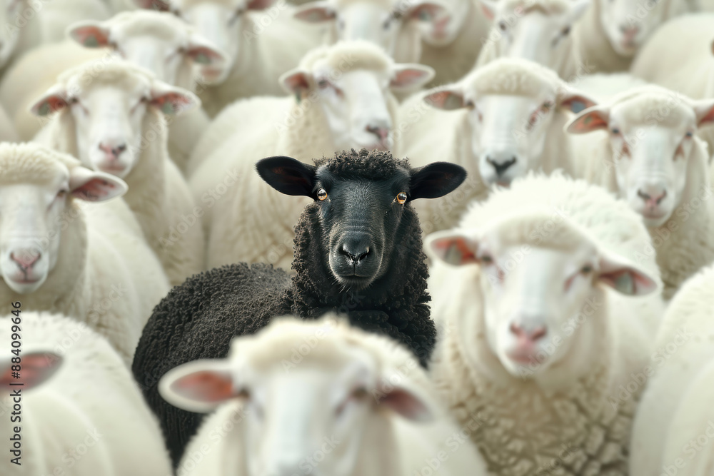Obraz premium A unique black sheep stands out in a flock of white sheep, showcasing individuality and difference within a group. Concept of diversity and uniqueness.