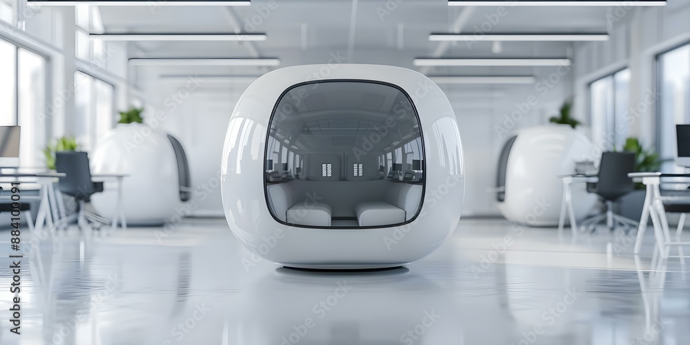 Obraz premium Futuristic office pod for silent online work in open office space. Concept Office Pods, Workplace Innovation, Productivity Solutions, Flexible Office Design, Modern Work Environment
