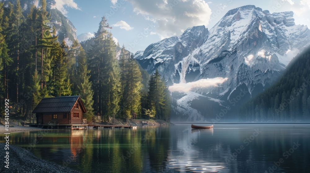 Fototapeta premium Serene alpine lake nestled in mountains, water reflects sky, forest, and snow-capped peaks