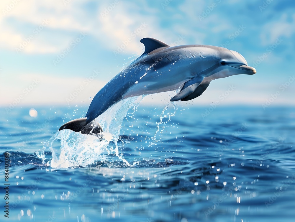 Fototapeta premium Playful Dolphin Leaping Out of Tropical Ocean with Splashing Water and Clear Blue Sky