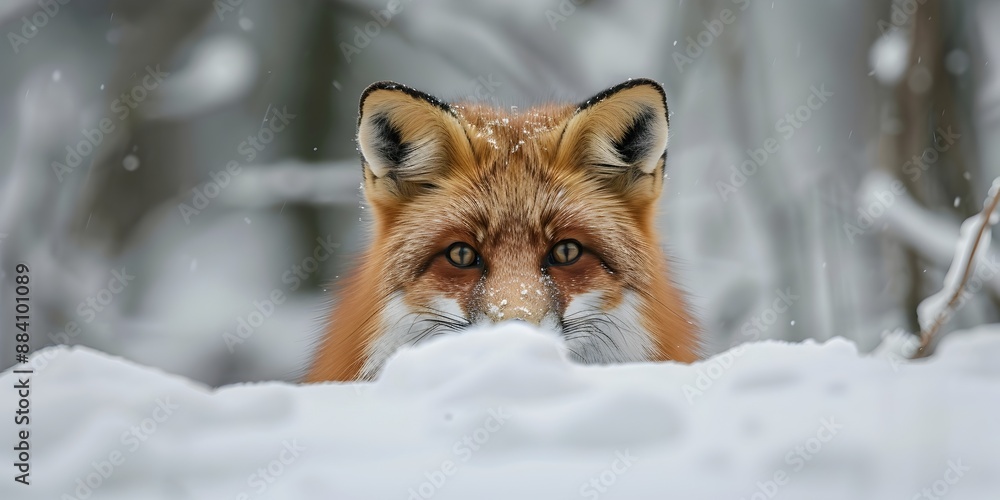 Fototapeta premium Curious Red Fox Peeking from Snowy Winter Forest