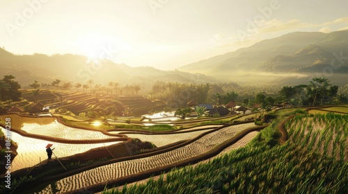 Panoramic view of emerald rice terraces cascading down verdant mountains, rural landscape bathed in golden sunlight