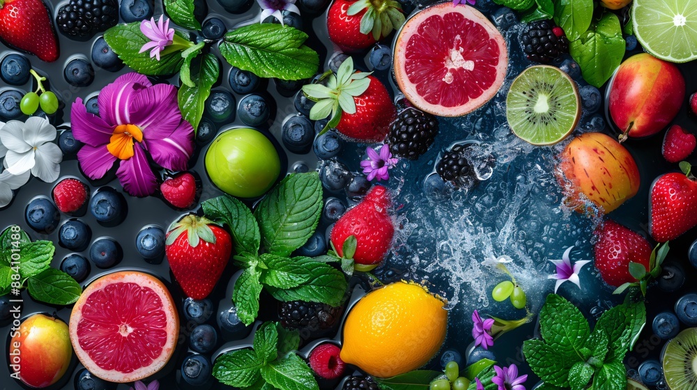Aerial image of fruits submerged in clear water on a black floor, with a 3D background that enhances the vibrant colors and adds depth. Aerial image of fruits submerged in clear water on a black floor, with a 3D background that enhances the vibrant colors and adds depth.