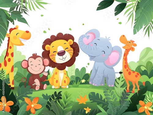 Cheerful Cartoon Animals Interacting in Lush Jungle Landscape on White Background