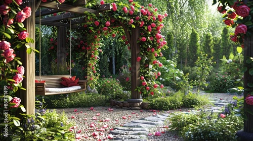 Fototapeta Naklejka Na Ścianę i Meble -  A picturesque garden with a pergola covered in climbing roses, a wooden swing, and a cobblestone path.