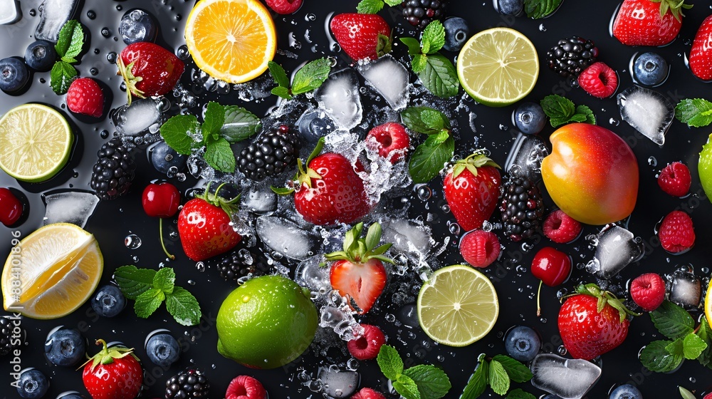 Aerial view of various fruits in water on a black floor, with a 3D background highlighting the bright colors against the dark surface. Aerial view of various fruits in water on a black floor, with a 3D background highlighting the bright colors against the dark surface.