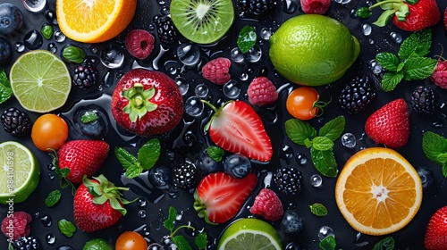 Fototapeta Naklejka Na Ścianę i Meble -  Aerial view of various fruits in water on a black floor, with a 3D background highlighting the bright colors against the dark surface.