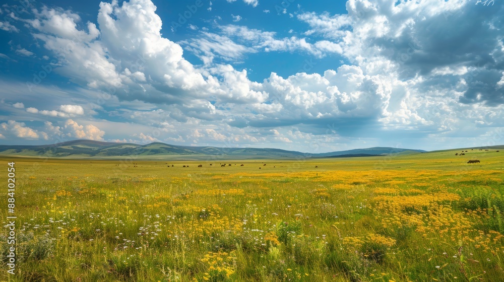 Obraz premium Golden wheat field under vast blue sky with fluffy clouds rolls gently over rural landscape