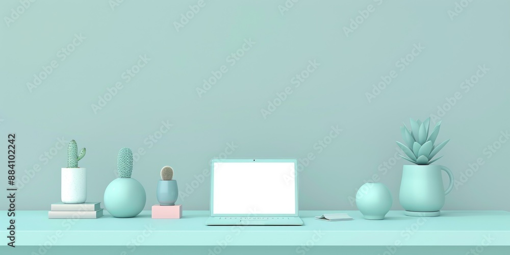 A minimalist workspace with a laptop, potted plants, and a blue vase, set against a soft green backdrop A minimalist workspace with a laptop, potted plants, and a blue vase, set against a soft green backdrop