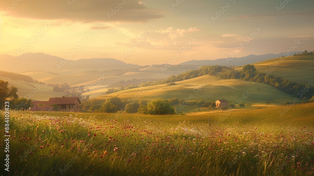 Obraz premium Golden hour paints green valley, mist-kissed mountains, and vibrant sky