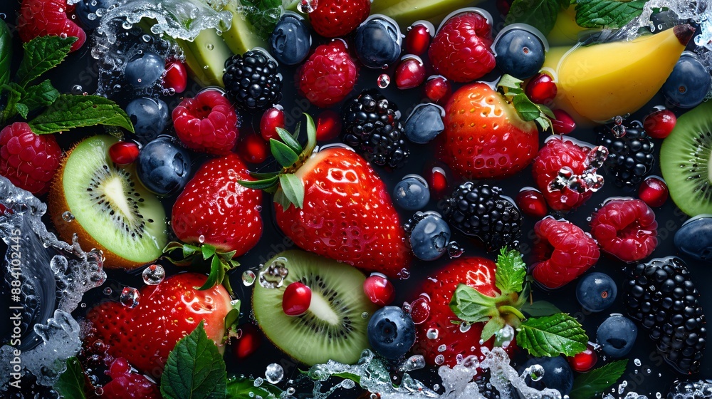 Obraz premium Top view of various fruits submerged in clear water on a black floor, with a detailed 3D backdrop enhancing the vibrant contrast.
