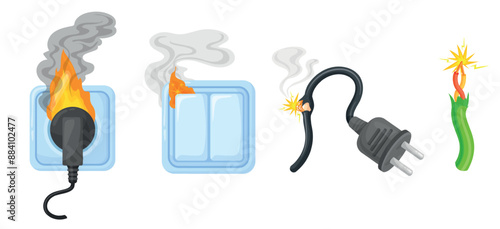 Short circuit. Electrical cable burn fire, electric plug damage smoke electricity failure power overload wire accident outlet voltage connection problem, neat vector illustration