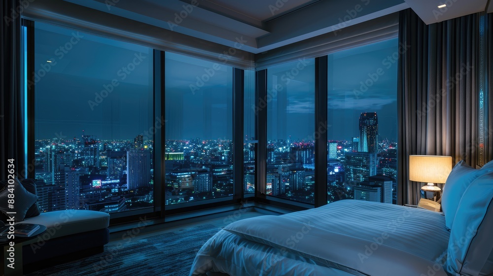 Luxury hotel room design with cityscape view Luxury hotel room design with cityscape view