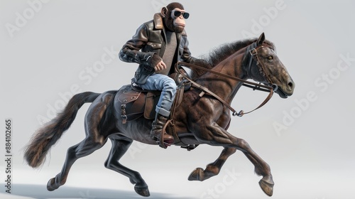 monkey dressed in sunglasses, leather jacket, and jeans straddling a galloping brown horse