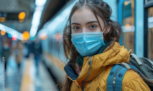 A multiracial group of young people wearing face masks talk and have fun at a train station during their vacation, reflecting the new normal for travel and holidays. photo