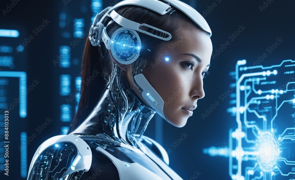 Futuristic AI Humanoid Cyborg with Digital Interface Futuristic AI Humanoid Cyborg with Digital Interface