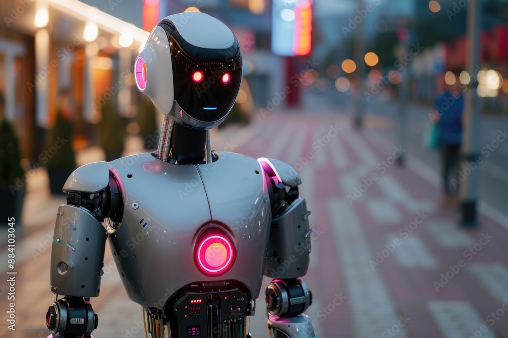 A futuristic robot walks along a city street at dusk, its glowing eyes and sleek design capturing the essence of technological advancement A futuristic robot walks along a city street at dusk, its glowing eyes and sleek design capturing the essence of technological advancement