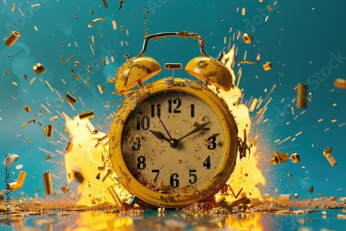 A yellow alarm clock explodes in a burst of golden confetti against a vibrant blue background photo