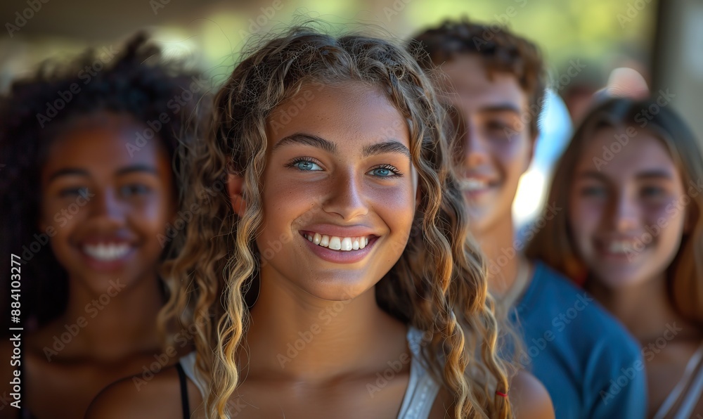 Fototapeta premium Happy young multiracial friends laugh and walk outside, having fun on a summer day. Cheerful university students stand together on campus, smiling and backlit.