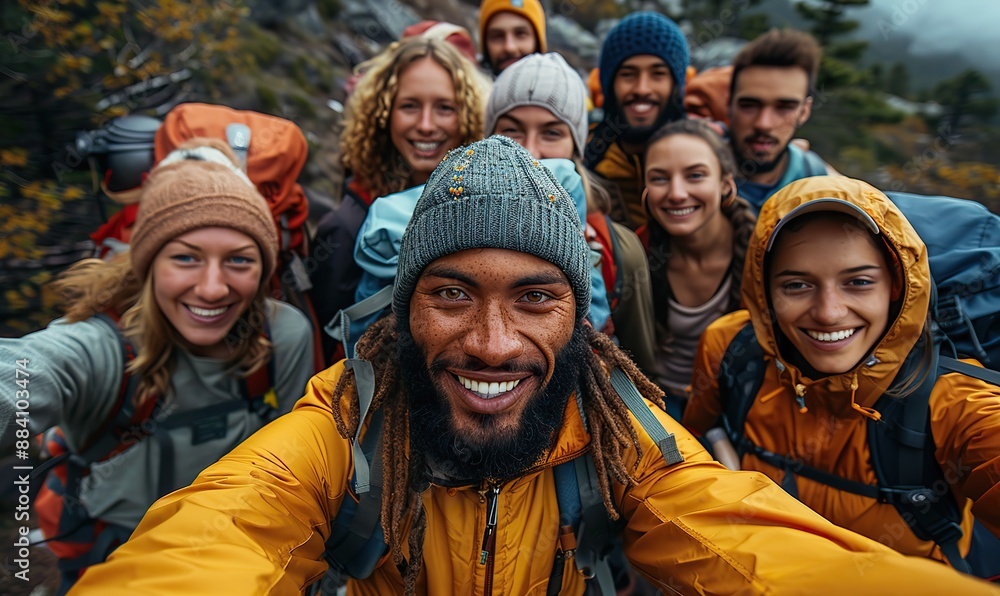 A group of happy multiracial friends with backpacks hike in the forest, taking a selfie picture on the mountains, embracing travel, friendship, and weekend activities. A group of happy multiracial friends with backpacks hike in the forest, taking a selfie picture on the mountains, embracing travel, friendship, and weekend activities.
