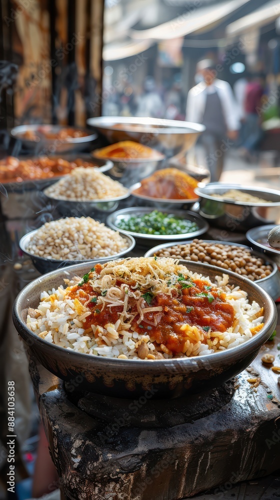 Egyptian Koshari Dish with Rice, Lentils, and Pasta in Marketplace Egyptian Koshari Dish with Rice, Lentils, and Pasta in Marketplace