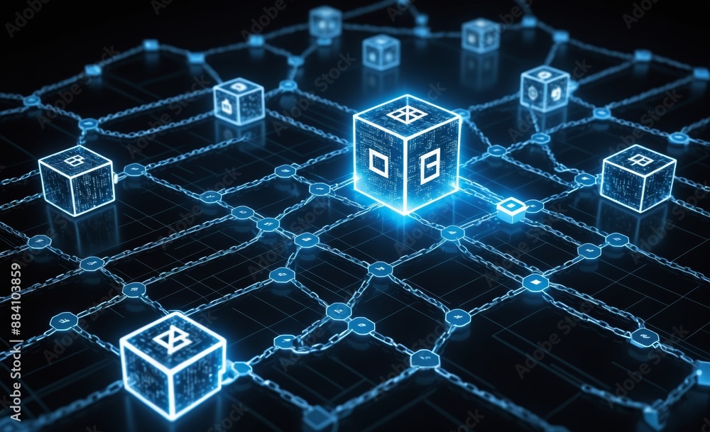 Fototapeta premium Blockchain Network Concept with Digital Blocks