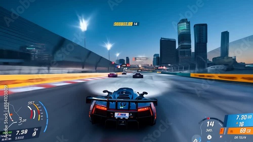 Motion time lapse of speedy rush night drive in big modern neon city with skyscrapers. Road with vehicles and street bright lights timelapse. Fast speed movement. Sport car race tournament, video game