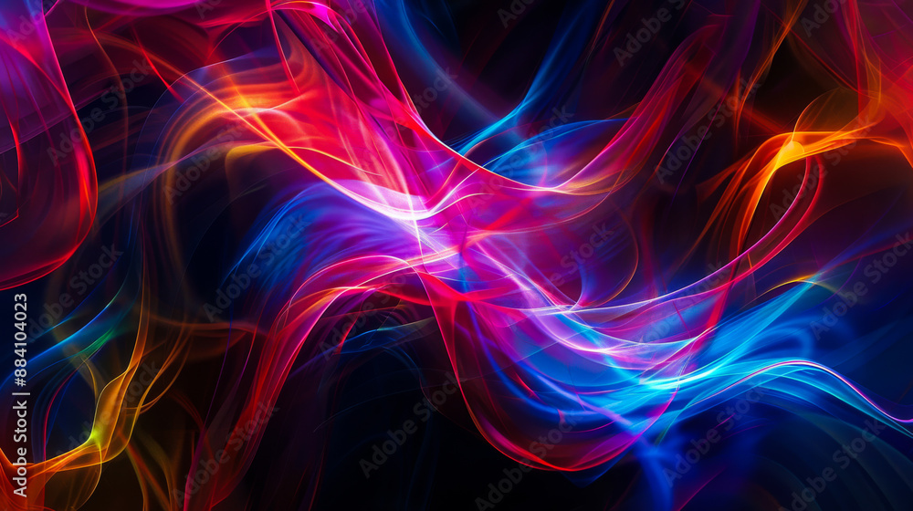 Abstract background. Light painting on a dark background with bright neon wavy lines. Multi-colored smoky lines. Copy space. Abstract background. Light painting on a dark background with bright neon wavy lines. Multi-colored smoky lines. Copy space.