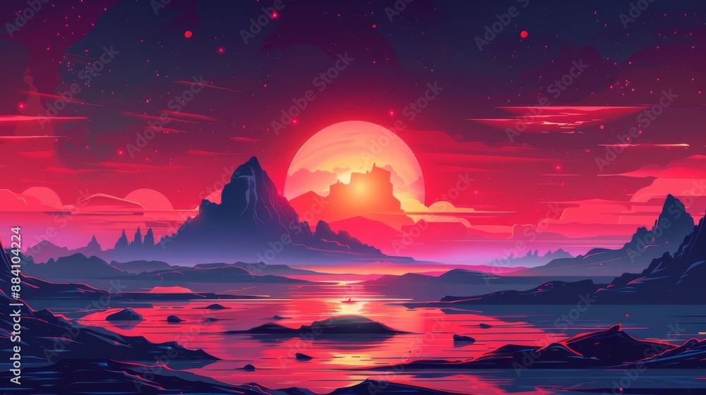 Mystical red moon landscape with mountains and lake Mystical red moon landscape with mountains and lake