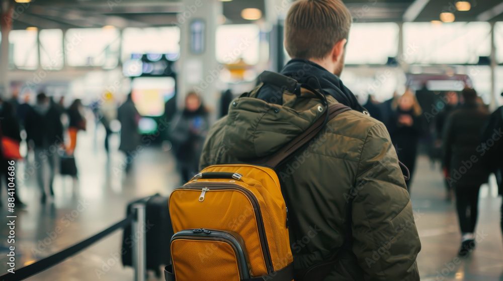 Traveler with a yellow backpack navigating through a busy airport terminal filled with people. Captures travel and adventure atmosphere. Traveler with a yellow backpack navigating through a busy airport terminal filled with people. Captures travel and adventure atmosphere.